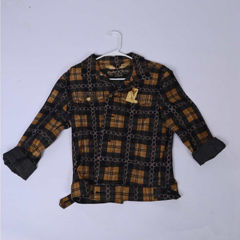 Stylish Plaid Jacket - Black and Gold